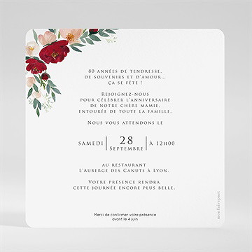 Invitation anniversaire fleurs aquarellées 80 ans - Dos de l'invitation