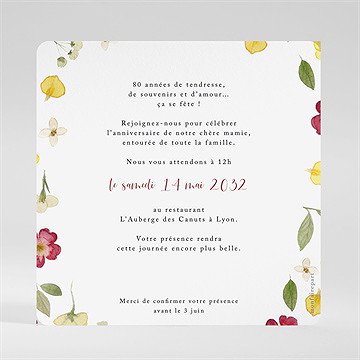 Invitation anniversaire fleurs aquarelle 80 ans - Dos de l'invitation