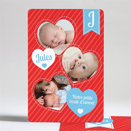 Faire-part naissance lui en coeur et en photos
