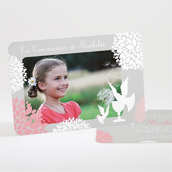 Faire-part communion colombe et fleurs