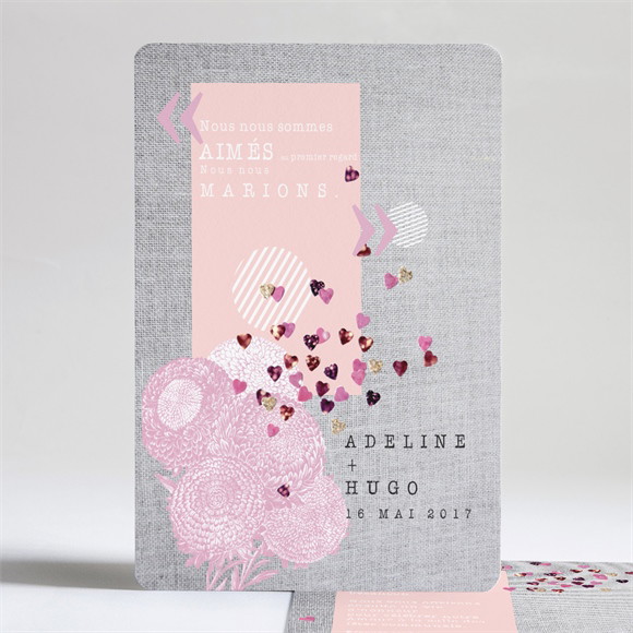 Faire-part mariage Bouquet de fleurs et coeurs réf.N24142