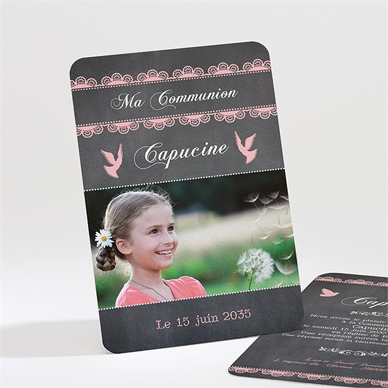 Faire-part communion dentelle rose
