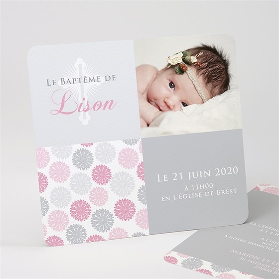 Faire-part de baptême fete des pois roses