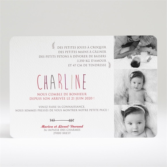 Faire-part naissance Joli texte et 3 photos réf.N14021