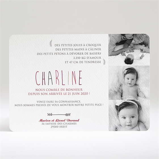 Faire-part naissance joli texte et 3 photos
