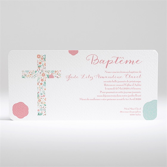 Faire-part de baptême croix à motifs et pois