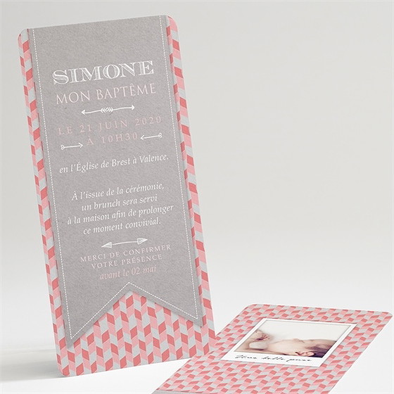 Faire-part de baptême fanions et mosaïque rose