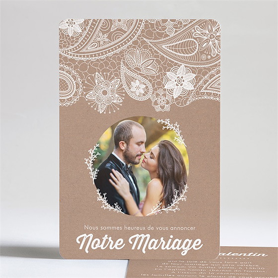 Faire-part mariage kraft dentelle blanche