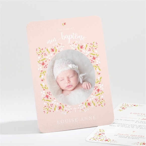 Faire-part de baptême Douceur végétale rose réf.N211149