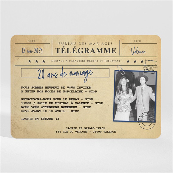 Invitation anniversaire de mariage 20 ans de bonheur magnet réf.N110222