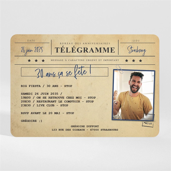 Invitation anniversaire Télégramme anniversaire magnet réf.N110223