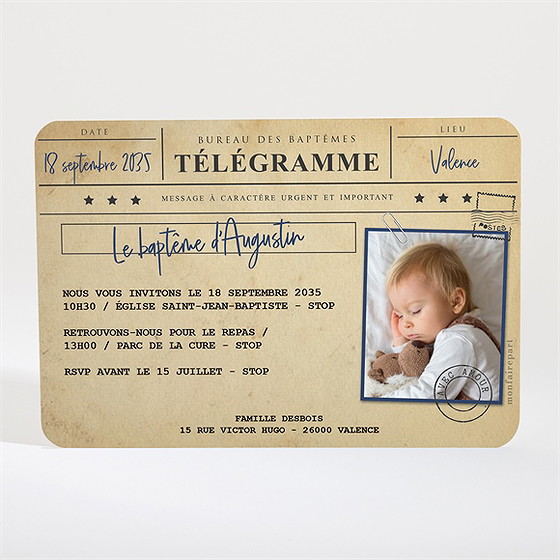 Faire-part de baptême télégramme baptême simple
