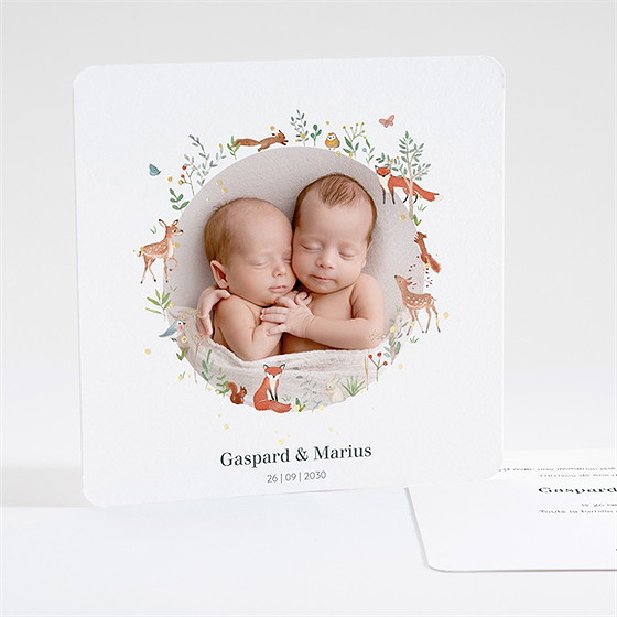 Faire-part naissance jumeaux & animaux dorure