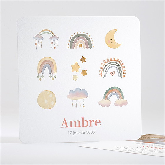 Faire-part naissance nuages & arc en ciel carré