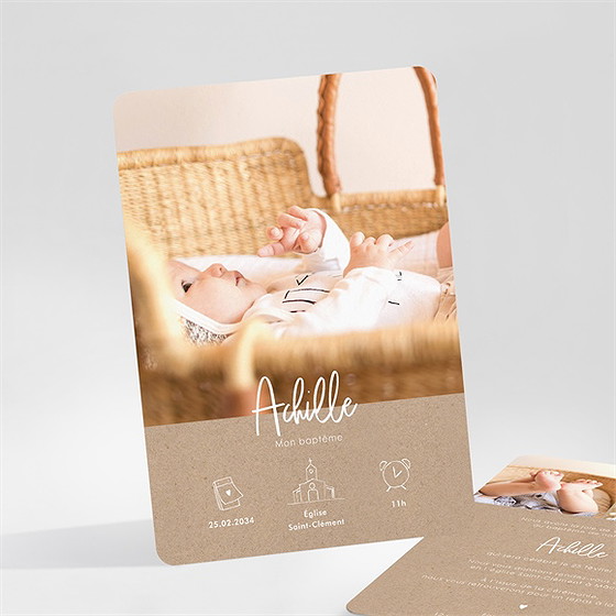 Faire-part de baptême kraft pictos