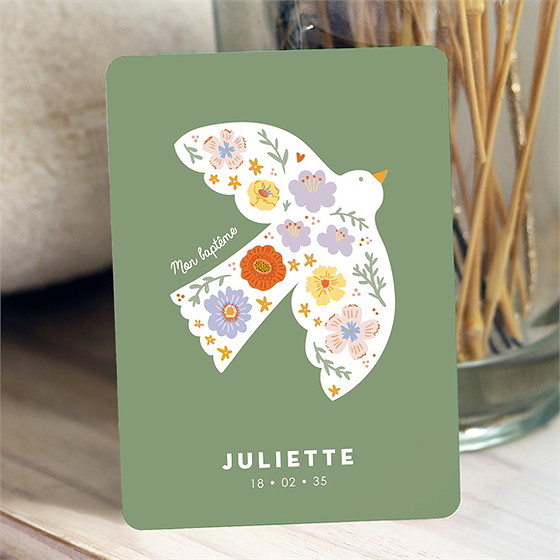 Faire-part de baptême colombe fleurie