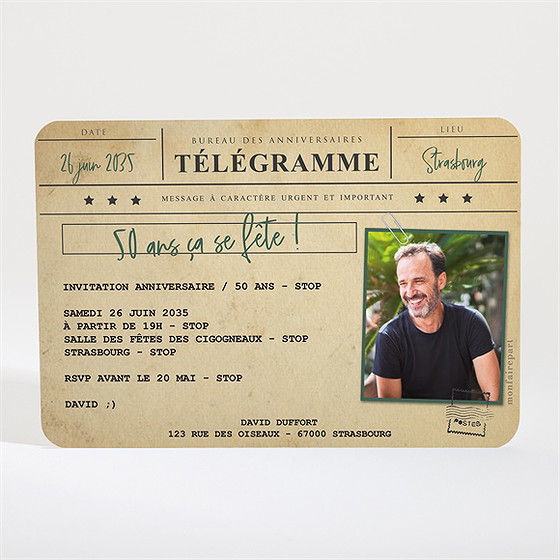 Invitation anniversaire télégramme 50 ans