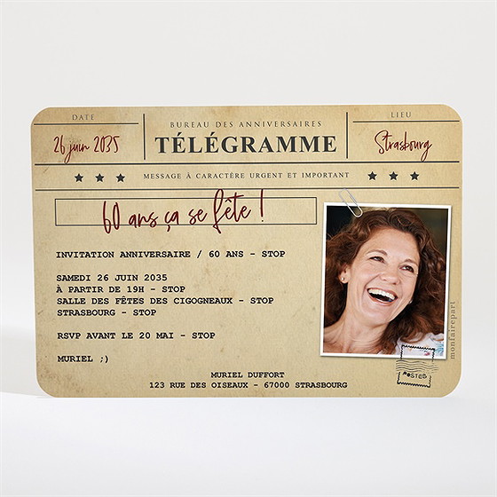 Invitation anniversaire télégramme 60 ans