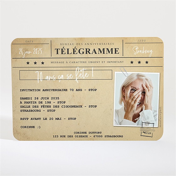 Invitation anniversaire télégramme 70 ans