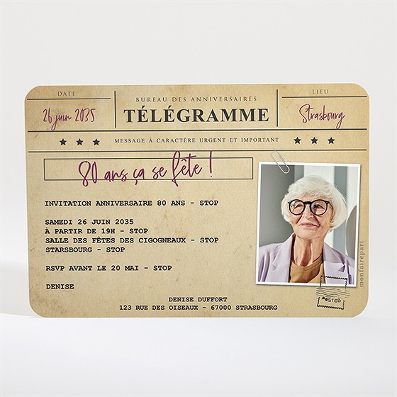 Invitation anniversaire télégramme 80 ans
