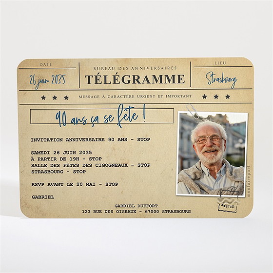 Invitation anniversaire télégramme 90 ans