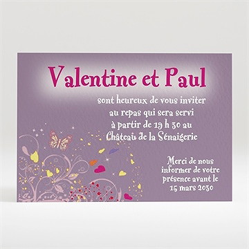 Carton d'invitation mariage violet et papillons