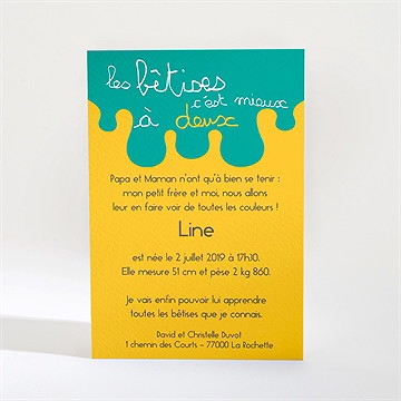 Faire-part naissance les bêtises c'est mieux à deux - Dos du faire-part