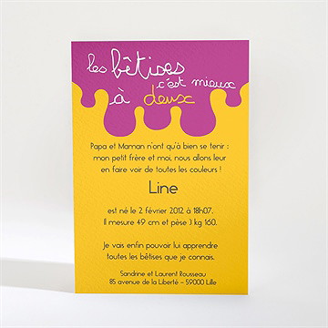 Faire-part naissance les bêtises à deux violet - Dos du faire-part
