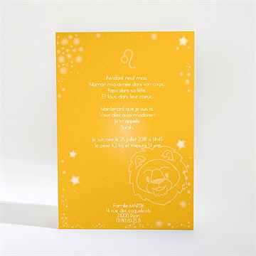 Faire-part naissance astro lion - Dos du faire-part