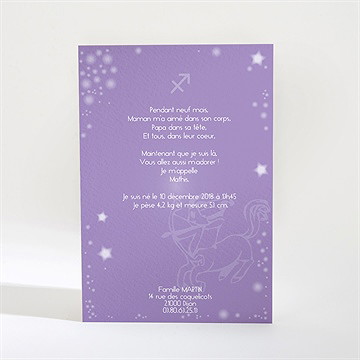 Faire-part naissance sagittaire - Verso du faire-part