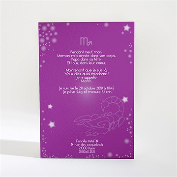 Faire-part naissance scorpion - Dos du faire-part
