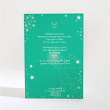 Faire-part naissance taureau - Dos du faire-part