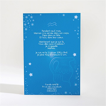 Faire-part naissance verseau - Dos du faire-part