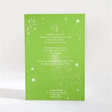 Faire-part naissance astro vierge - Dos du faire-part
