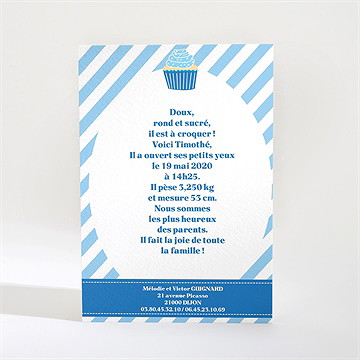 Faire-part naissance rayé bleu et blanc - Dos du faire-part
