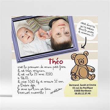 Faire-part naissance annoncé par son frère ! - Dos du faire-part