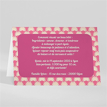 Faire-part naissance avec motifs rose - Dos du faire-part