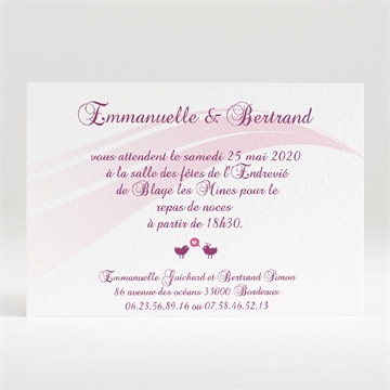 Carton d'invitation mariage oiseaux roses et violets