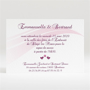Carton d'invitation mariage oiseaux roses et violets