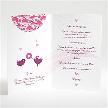 Menu mariage oiseaux roses et violets - Intérieur du menu