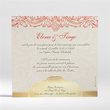 Faire-part mariage baroque rouge et or - Dos du faire-part
