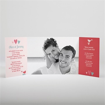 Faire-part mariage des oiseaux rose et orange - Intérieur du faire-part
