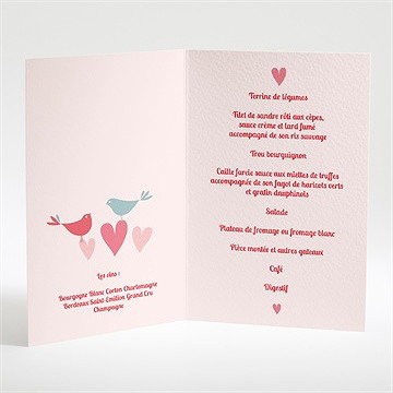 Menu mariage des oiseaux rose et orange - Intérieur du menu