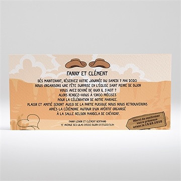 Faire-part mariage far west humour - Dos du faire-part