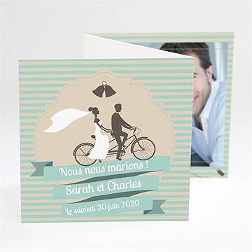Faire-part mariage deux mariés à vélo