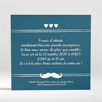 Faire-part naissance petite moustache - Dos du faire-part