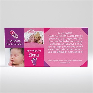 Faire-part naissance coucou violet et rose
