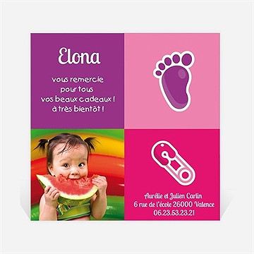 Remerciement naissance coucou violet et rose