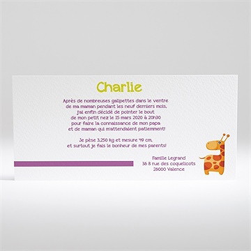 Faire-part naissance ma jolie girafe - Dos du faire-part