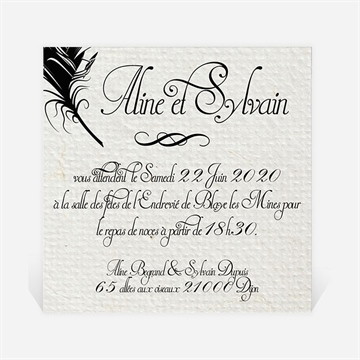 Carton d'invitation mariage plume noire